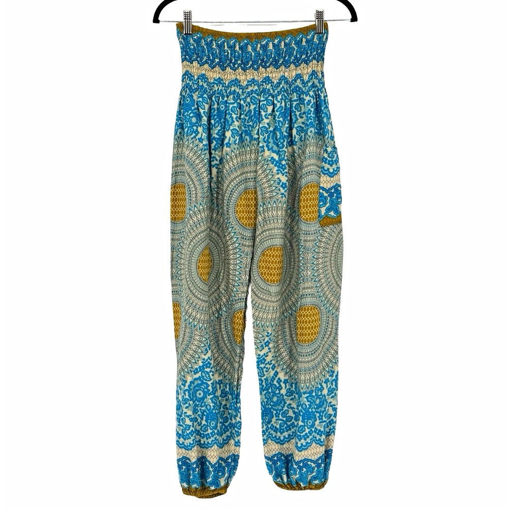 Women's Boho Harem Pants Blue Mustard Mandala Floral Smocked Waist Festival S/M